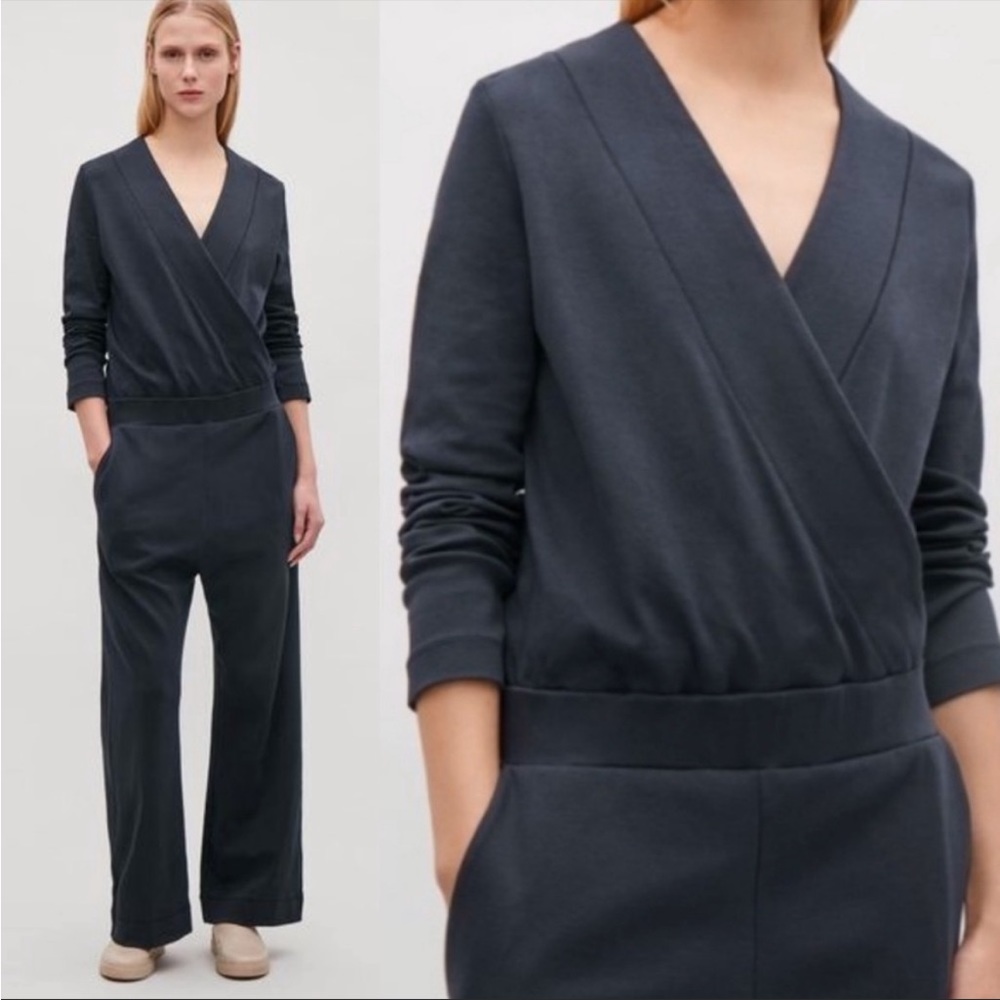 COS navy blue jersey knit faux wrap jumpsuit size large
